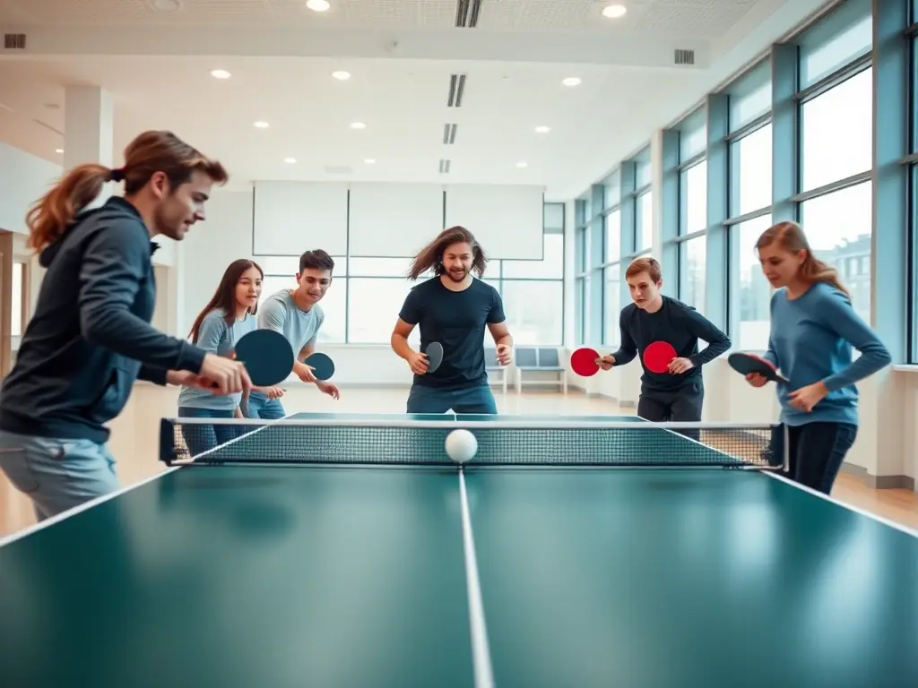 A lively image of people of various ages and skill levels participating in a recreational table tennis activity, emphasizing the fun and social aspects of the sport. The atmosphere is relaxed and inclusive.