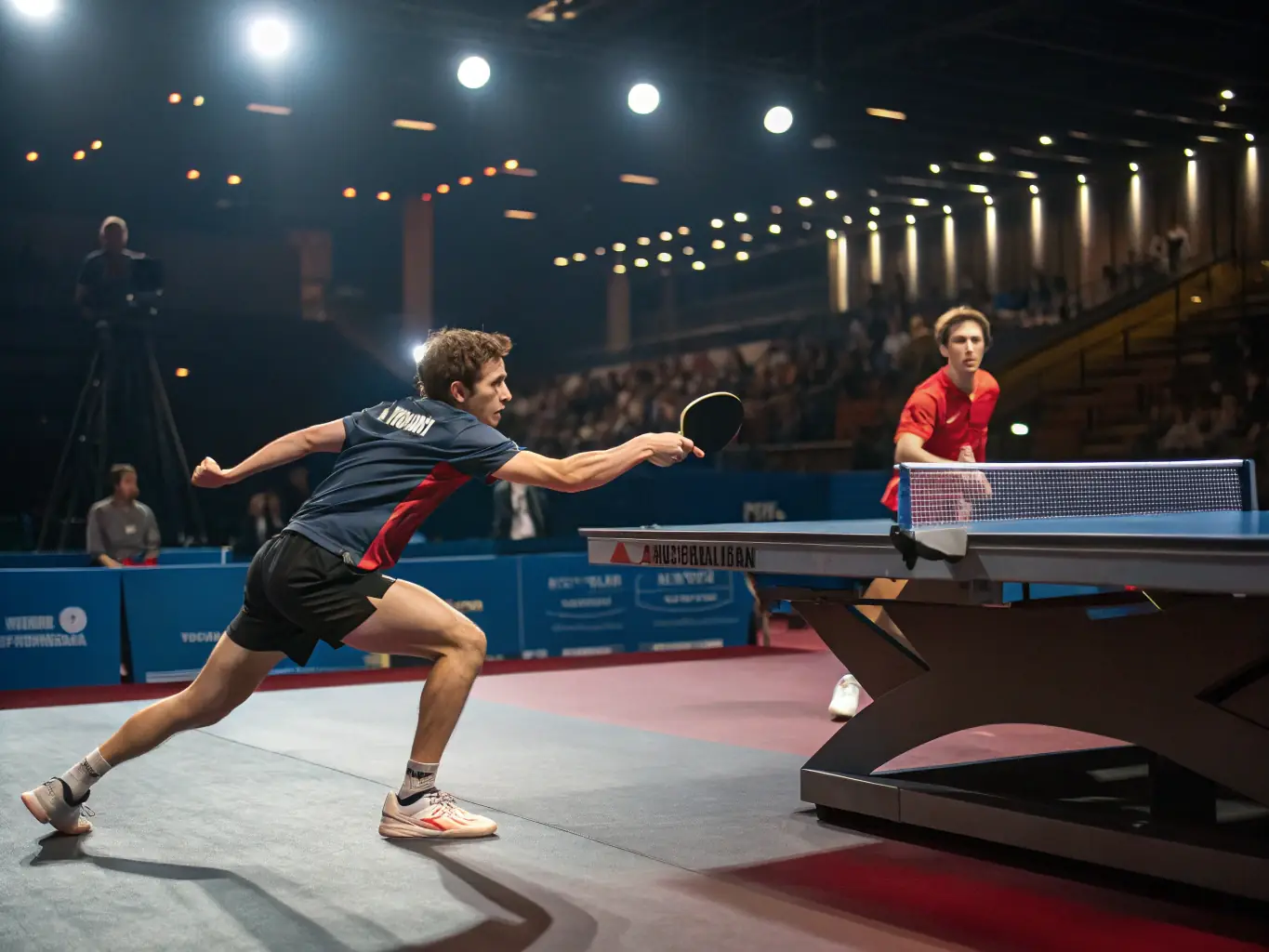 An action shot of a competitive table tennis match, capturing the intensity and excitement of the game. Players are focused and displaying skillful play, with spectators cheering in the background.